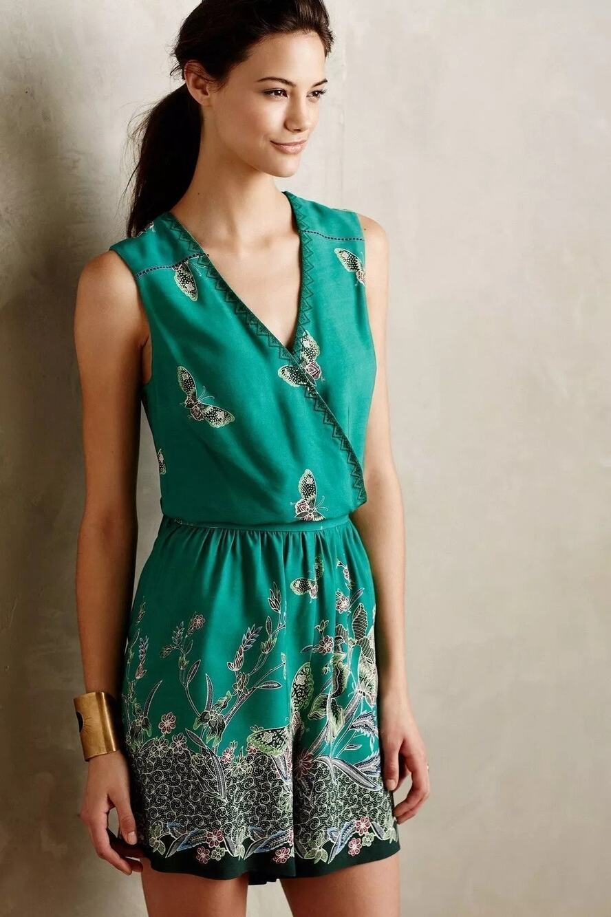 Anthropologie Elevenses Papillion Green Butterfly Print Open Back Romper S